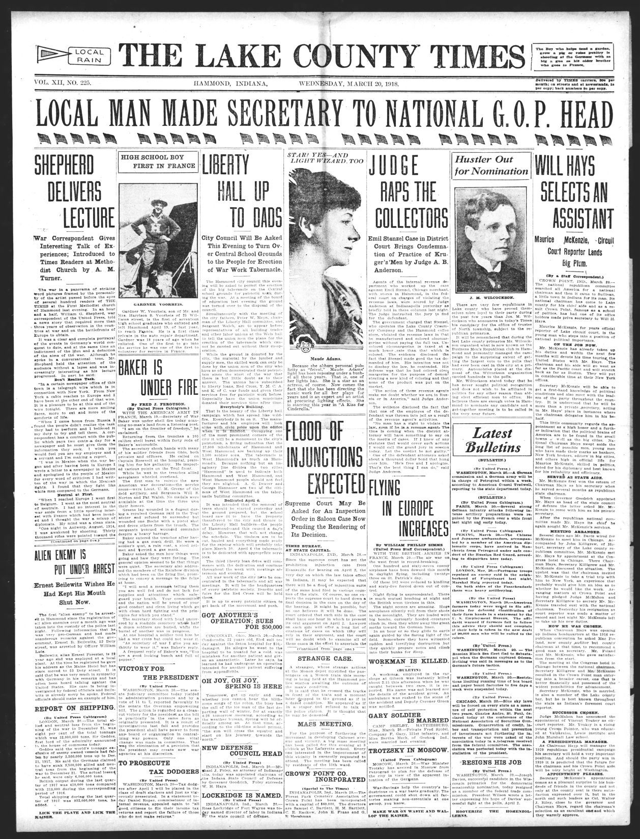 March 20, 1918: Local Man Made Secretary To National G.O.P. Head